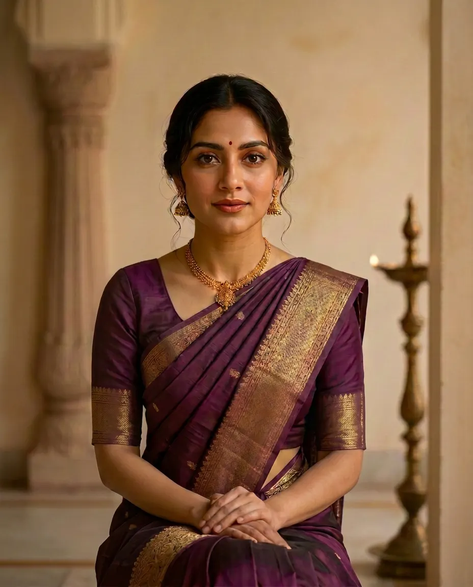 Shlokha wearing a handwoven aubergine and gold silk saree from Skandhika